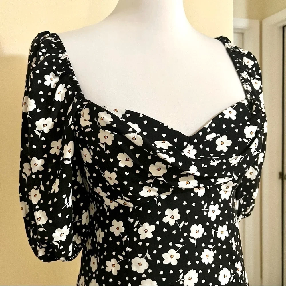 NWT ASOS DESIGN puff sleeve ruched bust midi split dress in floral and heart 6